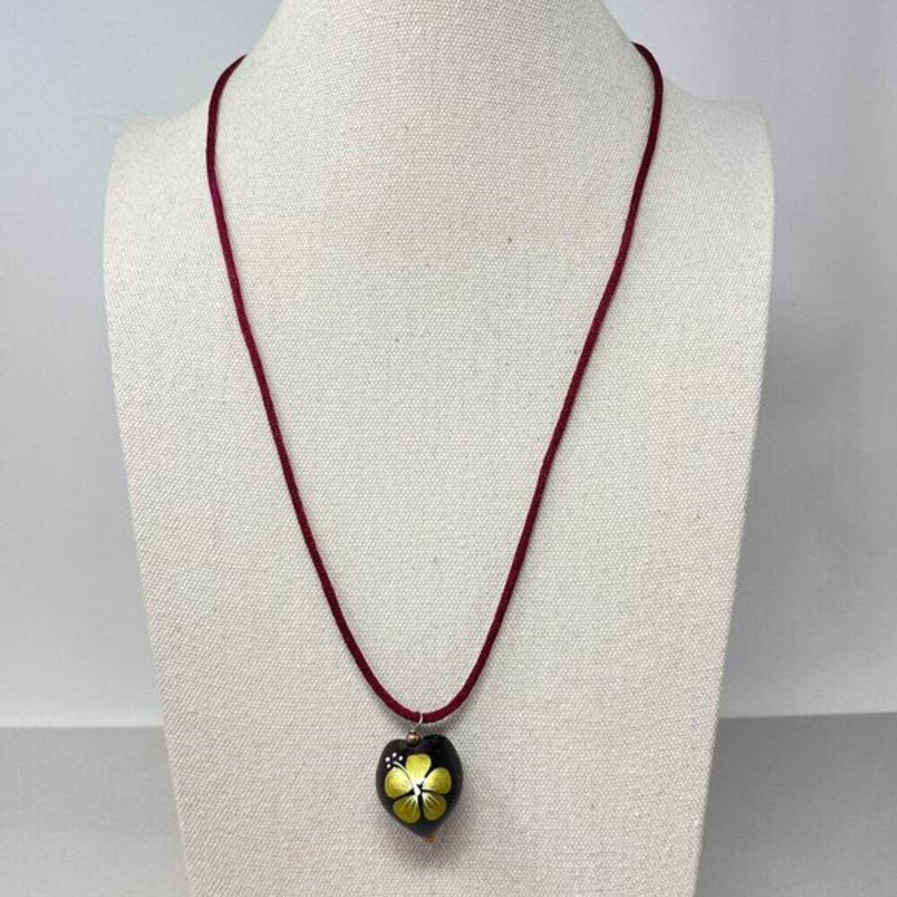 Hawaiian Kukai Nut Necklace Handpainted Black Floral Adjustable